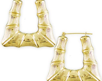 10K Real Gold Doorknocker Bamboo Hoop Earrings 1.6 Inch Puffed Rectangular Fine Jewelry