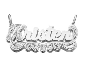 Sterling Silver Personalized 3D Double Plate Name Pendant Underneath Design Script Font SD22