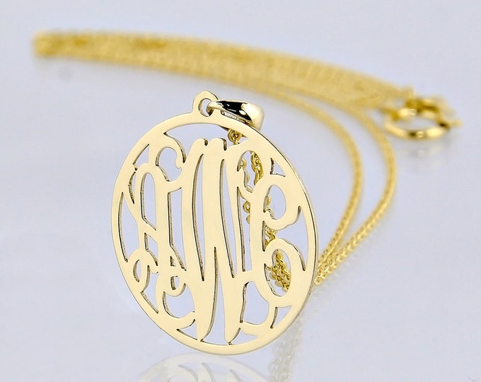 Featured listing image: Solid Gold Monogram Necklace, Personalized 3 Initial Circle Pendant, 10K 14K Custom Jewelry