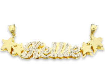 2 Tone 10k or 14k Gold Double Nameplates Personalized Pendant Name Stars Charm ND42