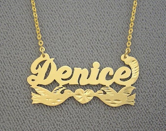 10K or 14K Solid Gold Personalized Name Necklace 2 Kissing Loving Birds Laser Cut Fine Jewelry NN09
