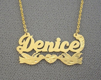 10K or 14K Solid Gold Personalized Name Necklace 2 Kissing Loving Birds Laser Cut Fine Jewelry NN09