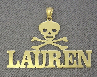 10K or 14K Yellow or White Solid Gold Crossbone Skull Personalized Name Pendant NN58