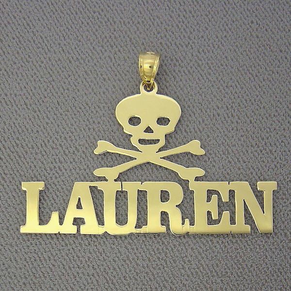 10K or 14K Yellow or White Solid Gold Crossbone Skull Personalized Name Pendant NN58