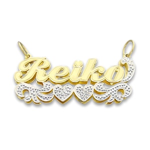 10K or 14K Gold Personalized 3D Double Plates 2 Tone Name Pendant Charm 2 Hearts Underneath Iced Out