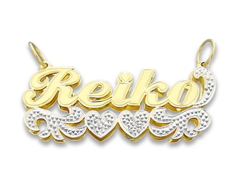 10K or 14K Gold Personalized 3D Double Plates 2 Tone Name Pendant Charm 2 Hearts Underneath Iced Out Fine Jewelry ND11
