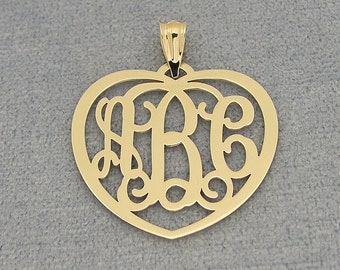 10kt or 14kt Solid Gold 3 Initials Heart Monogram Pendant Necklace Fine Jewelry 1" Wide GM52