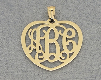 10kt or 14kt Solid Gold 3 Initials Heart Monogram Pendant Necklace Fine Jewelry 1" Wide GM52