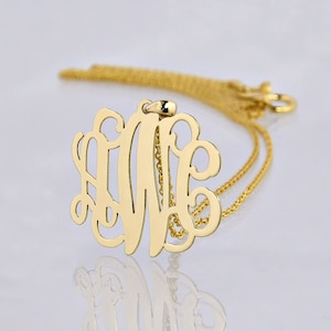 Small 10kt or 14kt Solid Gold 3 Initials Monogram Pendant Necklace 3/4 Inch Personalized Jewelry GM30