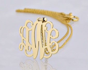 Small 10kt or 14kt Solid Gold 3 Initials Monogram Pendant Necklace 3/4 Inch Personalized Jewelry GM30