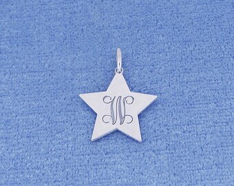 Personalized Small Sterling Silver Deep Laser Engraved Monogram Initial Star Disc Charm Pendant Necklace SC25