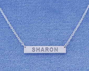 Small Tiny Sterling Silver Deep Laser Engraved Personalized Name Horizontal Bar Necklace 7/8 Inch Wide SC12