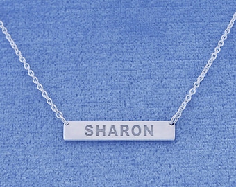 Small Tiny Sterling Silver Deep Laser Engraved Personalized Name Horizontal Bar Necklace 7/8 Inch Wide SC12