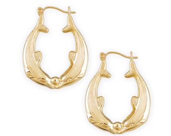 10k Real Gold 2 Dolphins Door Knocker Bamboo Hoop Earrings 1.1 Inch