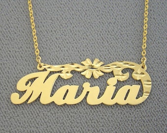 10K or 14K Yellow or White Solid Gold Personalized Name Necklace Diamond Cut Flower NN41