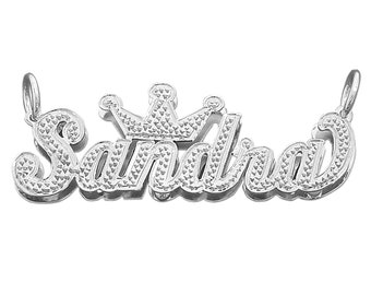 Sterling Silver Personalized 3D Double Plate Name Pendant Charm Diamond Accent Crown Cursive Font SD29