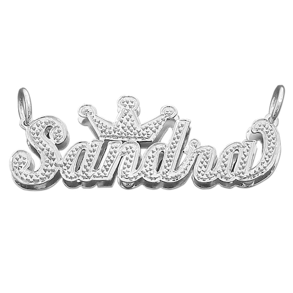 Sterling Silver Personalized 3D Double Plate Name Pendant Charm Diamond Accent Crown Cursive Font SD29