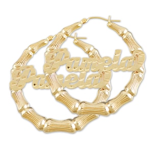 10K Yellow Gold Personalized Diamond Cut Name Hollow Round Bamboo Earrings 2 Inches