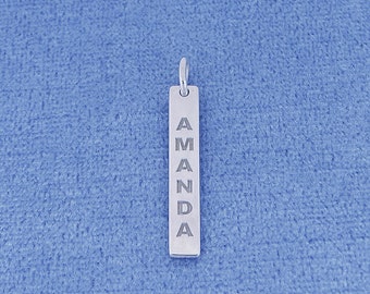 Small Sterling Silver Deep Laser Engraved Personalized Name Vertical Bar Necklace 7/8 Inch Tall SC18