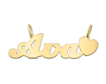 Small Size 10k or 14k Solid Gold Personalized Script Name Heart Pendant Charm Fine Jewelry.