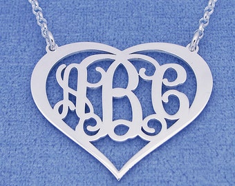 Sterling Silver Personalized 3 Initials Heart Monogram Necklace Fine Jewelry 1.25" Wide SM57C