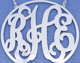 Large Sterling Silver Personalized 3 Initials Circle Monogram Necklace Fine Jewelry 2 inch SM46C