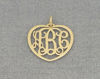 10kt or 14kt Solid Gold 3 Initials Heart Monogram Pendant Necklace Fine Jewelry 3/4" Wide GM51