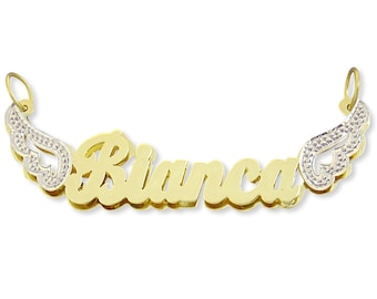 Angel's Wings 10K or 14K 2 Tone Real Solid Gold Double Nameplates Personalized Pendant Charm ND40