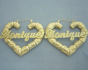 Personalized Diamond Cut Name Puffy Heart Bamboo Earrings 10K Yellow Gold 2 1/8 Inch GB44NC