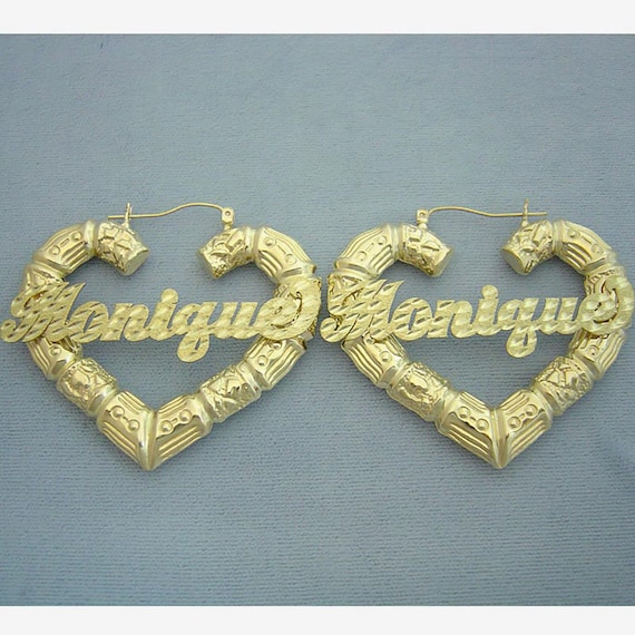Personalized Diamond Cut Name Puffy Heart Bamboo Earrings 10K