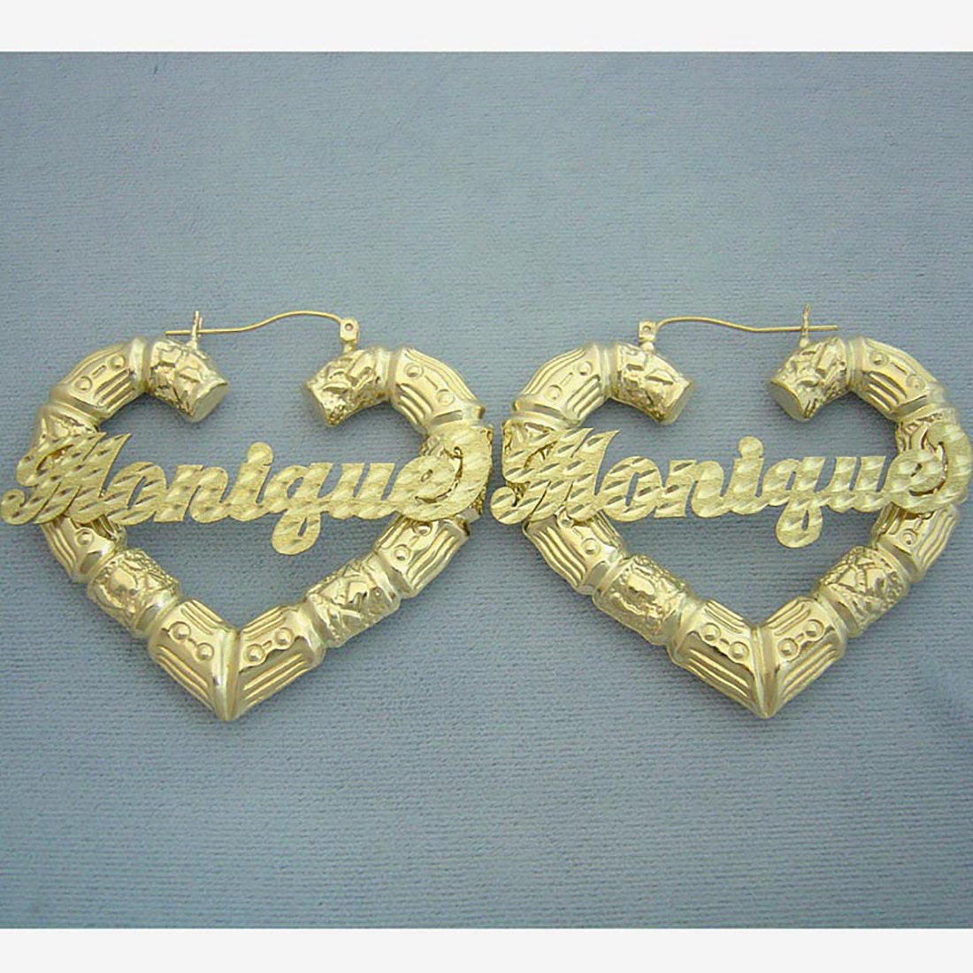 10K YELLOW GOLD HEART BAMBOO HOOPS -LARGE