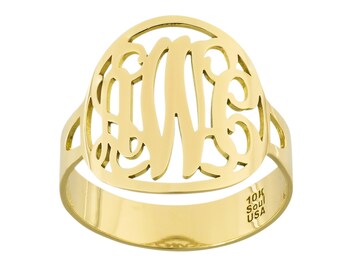 10K Solid Yellow or White Gold 3 Initial Circle Monogram Ring Personalized Fine Jewelry NR32