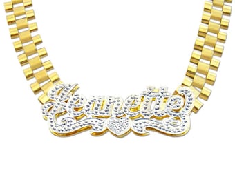 10K Gold Personalized Name 10 mm Watch Band Style RX Link Chain Diamond Accent 3D Iced Out Nameplate 2 Tone Fine Jewelry
