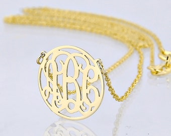 Extra Small Solid Gold 3 Initials Tiny Circle Monogram Necklace 1/2 Inch Diameter GM39C