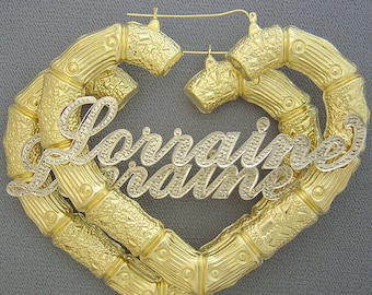 Extra Large 10k Iced Out Diamond Accent Name Puffy Heart Bamboo Earrings 3.5 Inches 2 Tone Fine Jewelry