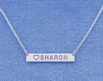 Small Tiny Sterling Silver Deep Laser Engraved Personalized Heart Name Horizontal Bar Necklace 7/8 Inch Wide SC14