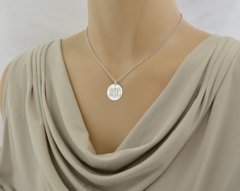 3 Initials Monogram 3/4" Round Disc Pendant Necklace Sterling Silver Laser Engraving SC08