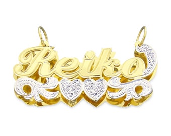 10K or 14K Gold Personalized 3D Double Plates 2 Tone Name Pendant Charm Iced Out 2 Hearts Underneath
