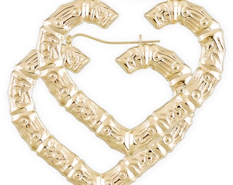 10K Gold Puffy Heart Bamboo Hoop Earrings Large Doorknocker Hoops Gift Her 2.5 Inch