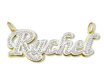 10K or 14K Solid Gold Double Plates Personalized Script Diamond Accent Name Pendant Charm Jewelry