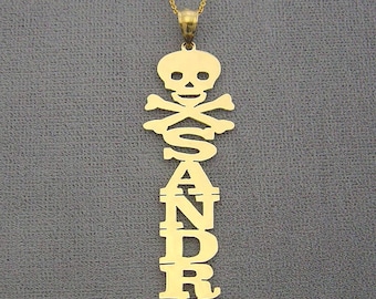 10k or 14k Yellow or White Solid Gold Personalized Vertical Name Pendant Necklace Skull Crossbone NN38
