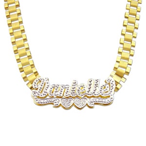 10K Gold Personalized Name 8mm Watch Band Style Link Chain 3D Iced Out Nameplate Necklace RCN08