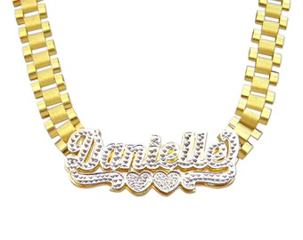 10K Gold Personalized Name 8mm Watch Band Style Link Chain 3D Iced Out Nameplate Necklace RC08