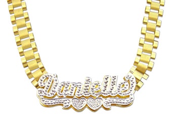 10K Gold Personalized Name 8mm Watch Band Style Link Chain 3D Iced Out Nameplate Necklace RCN08