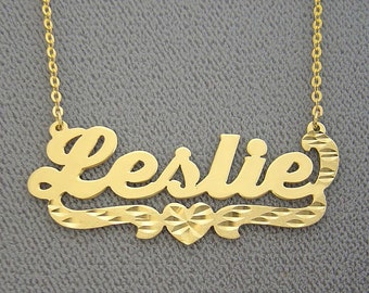 10K or 14K Yellow or White Solid Gold Personalized Name Necklace Underneath Diamond Cut Heart NN15