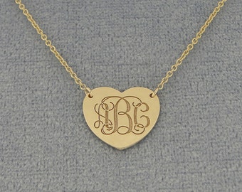 10k or 14k Solid White or Yellow Gold 1/2 Inch Tiny Heart Disc Charm Pendant Necklace Deep Laser Engraved 3 Initials Monogram GC21C