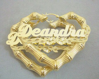 10k or 14k Genuine Gold Personalized Shiny Name Heart Shape Bamboo Earrings 2.4 Inches Wide Diamond Cut Hearts.
