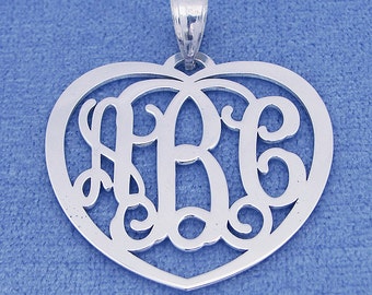 Solid Sterling Silver 3 Initials Monogram Heart Pendant Necklace Jewelry 1.25" Wide SM53