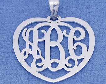 Solid Sterling Silver 3 Initials Monogram Heart Pendant Necklace Jewelry 1.25" Wide SM53