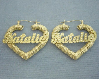 10K Yellow Gold Thin Hollow Heart Bamboo Personalized Name Earrings 1 5/8 Inch GB43NC